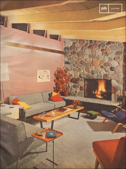 1953 Soggiorno moderno con camino in pietra - scansione di Better Homes and Gardens.