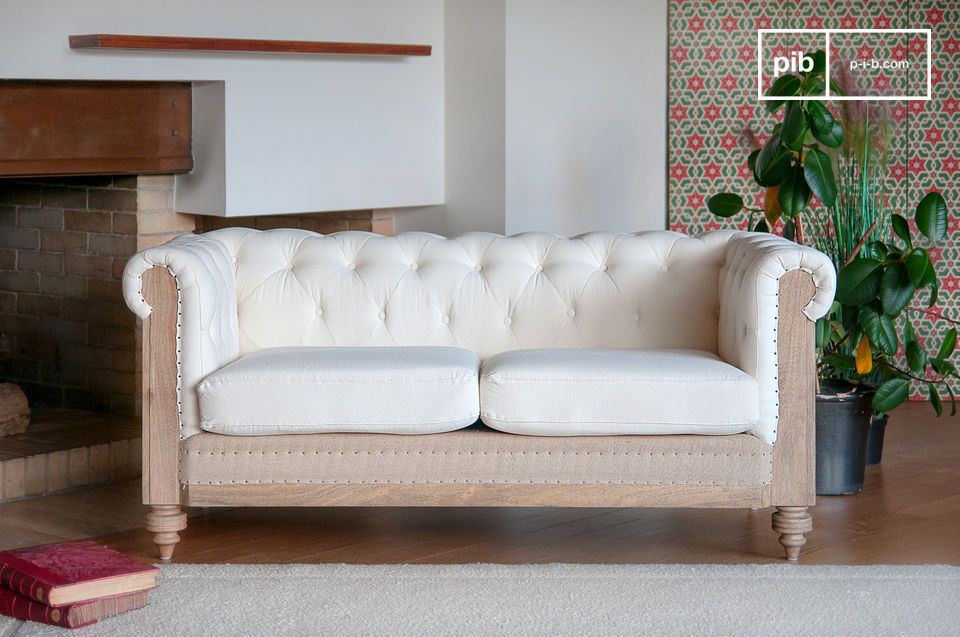 Divano Chesterfield a 2 posti in lino e cotone color écru Montaigu