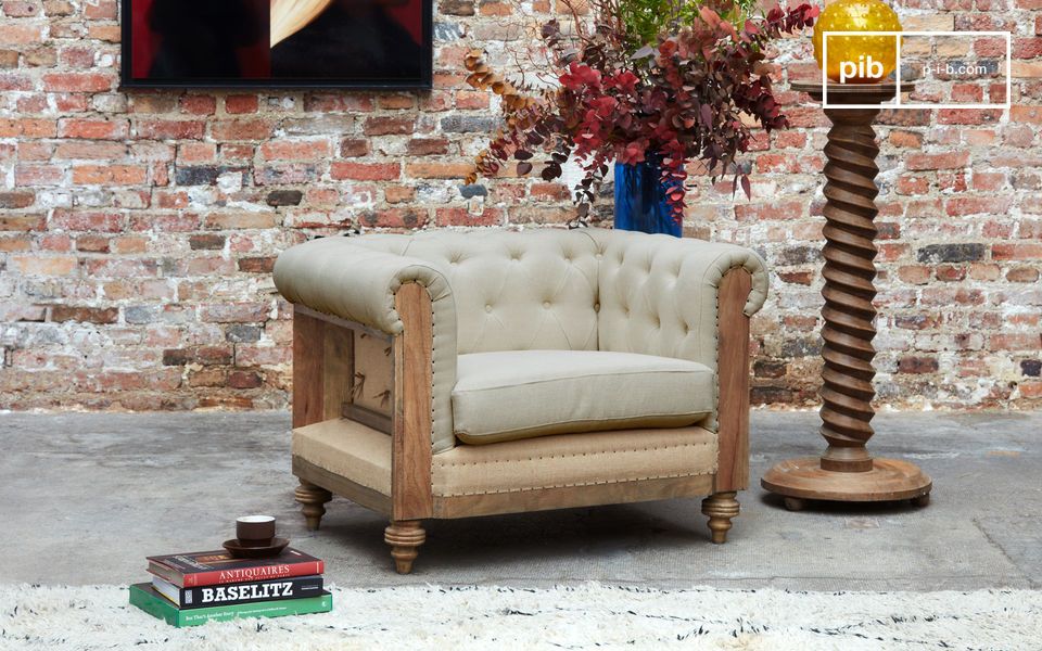 Poltrona Chesterfield in lino e cotone mandorla Montaigu